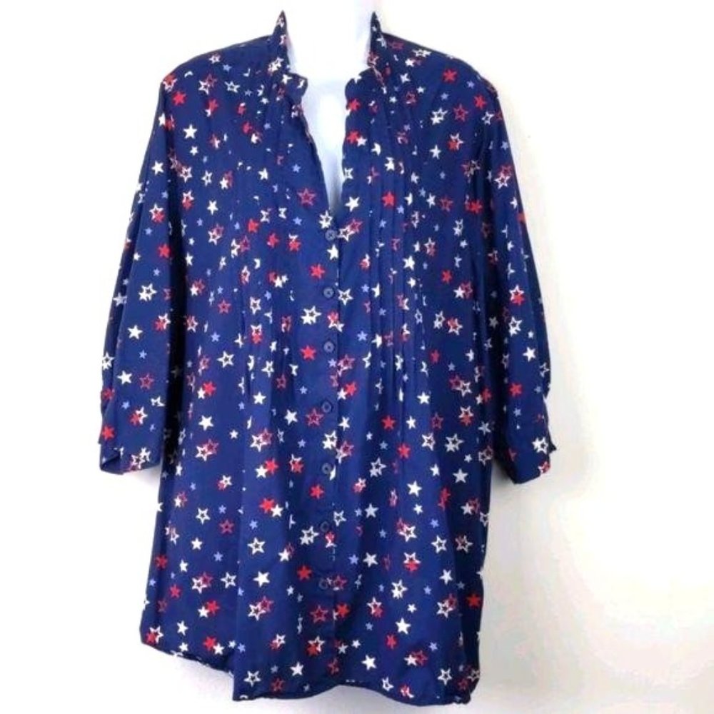 Scandia Woods-Women's 3/4 sleeve Navy blue Patriotic top with stars -Size-3XL